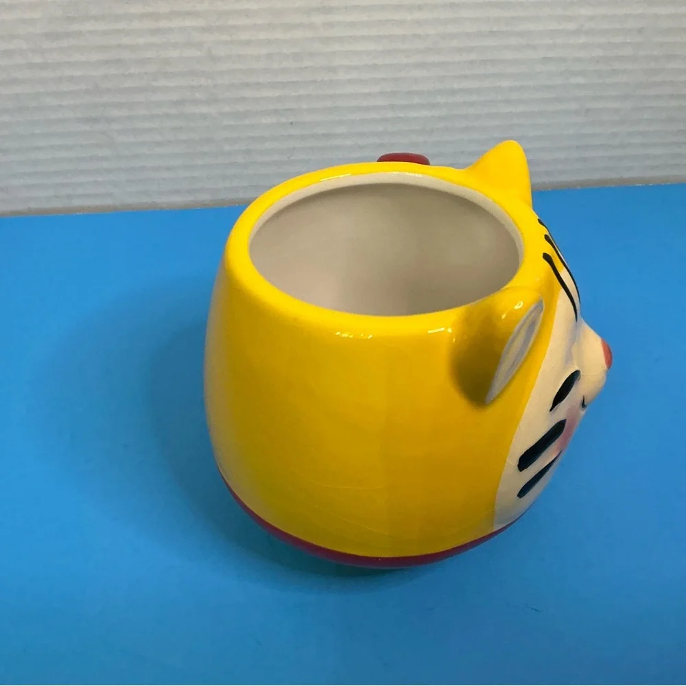 Playful Yellow Cat Face Ceramic Mug with Red Handle